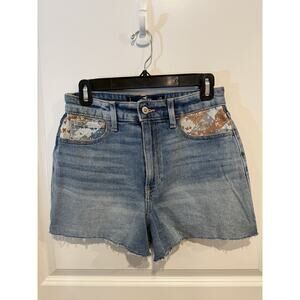 Hollister Ultra High-Rise Colorful Patchwork Mom Denim Jean Shorts Sz 26